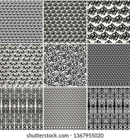 Collection of seamless patterns with curls in black and white