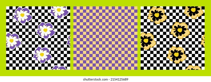 Kollektion nahtloser Muster mit süßen Fußböden auf schwarz-weißem Hintergrund. Erstellt in Farb-Gefährten. Für Stoffdruck, Umhüllung, Verpackung. Vektorgrafik.