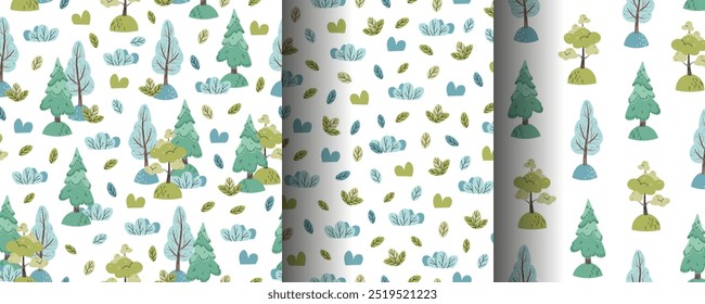 Collection of seamless patterns with cute forest trees and bushes in flat style. Children's background with fir tree, deciduous trees and grass. Cartoon texture for fabric, wallpaper, clothes.