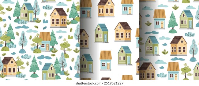 Collection of Seamless patterns with cute houses and forest trees in flat style. Children's background with country houses, Christmas tree and clouds. Cartoon texture for fabric, wallpaper, clothes.