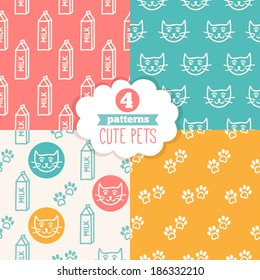 Collection of seamless patterns with cute pets. Cat, milk, cat footprint