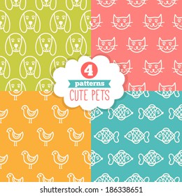 Collection of seamless patterns with cute pets. Dog, Cat, Bird, Fish.