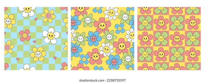Collection of seamless patterns with cute smiling flowers. Vector graphics.