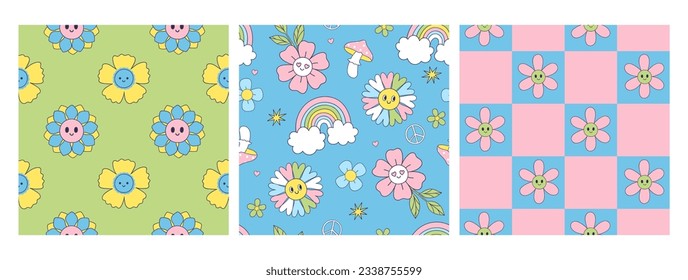 Collection of seamless patterns with cute smiling flowers. Vector graphics.