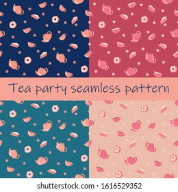 Collection of seamless patterns of cutlery, teapot, mug, cakes and donuts. Print for tablecloth, fabric, wrapping paper, background, textile. Vector illustration