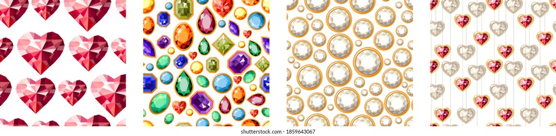 Collection of seamless patterns with diamonds and rubies. White,red and dark color. Endless texture for your design, announcements, greeting cards, posters, advertisement.