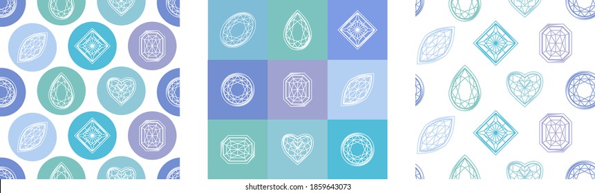 Collection of seamless patterns with diamonds. White and blue color. Endless textures for your design, announcements, greeting cards, posters, advertisement.