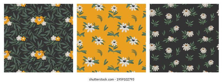 Collection of seamless patterns with different flowers, plants and leaves. Vector illustration of floral patterns. Modern design for paper, cover, fabric, interior decor and other users. 