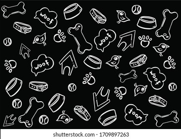 Collection of seamless patterns with dog objects, a bone, a bowl, a collar booth 01