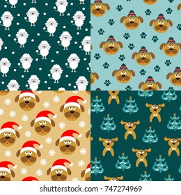 Collection of seamless patterns with dogs. Seamless patterns with the symbol of 2018. Vector illustration