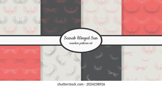 Collection of seamless patterns with egyptian symbol Scarab Winged sun designed for web, fabric, paper and all prints 