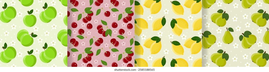 Collection of seamless patterns for fabric with fruits, cherries, lemons, pears, apples and flowers. For backgrounds, textiles, tablecloths, kitchen, wallpaper, packaging. Vector image.