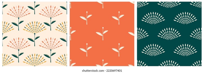 Collection of seamless patterns with fan-like flowers and leaves. Cute pattern for modern textiles and paper. Vector.