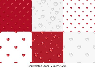 Collection of seamless patterns featuring droplet-shaped hearts. Valentines Day projects, wedding designs.