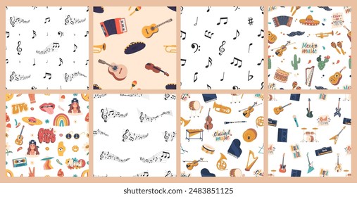 Collection Of Seamless Patterns Featuring Musical Instruments And Notes. Vector Tile Backgrounds Showcase Guitars
