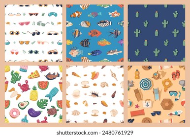Collection Of Seamless Patterns Featuring Summer-themed Items, Sea Life And Beach Essentials, Backgrounds Set