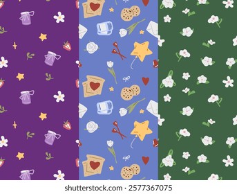 A collection of seamless patterns with floral elements, cookies, stars, hearts, jars, and love letters in purple, blue, and green palettes. Ideal for paper, textile design, and festive decor.