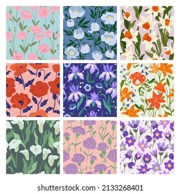 Collection of seamless patterns with flowers. Vector graphics.
