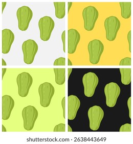 A collection of seamless patterns with a fresh chayote theme. Perfect for kitchen accessories, fabrics, paper, and restaurants.