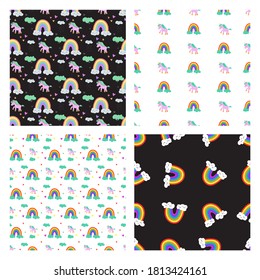 Collection of seamless patterns. Fun rainbow textures for kids. Different backgrounds and drawings.