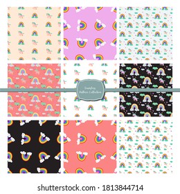 Collection of seamless patterns. Fun rainbow textures for kids. Different backgrounds and drawings.