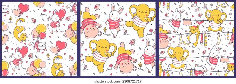 Collection of seamless patterns with funny little adorable animals. Tile Birthday party backgrounds, bright colors. Fun cartoon style characters. Gift wrapping paper, newborn fabric design