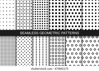 Collection of seamless patterns with geometric mosaic squares. Black and white texture.