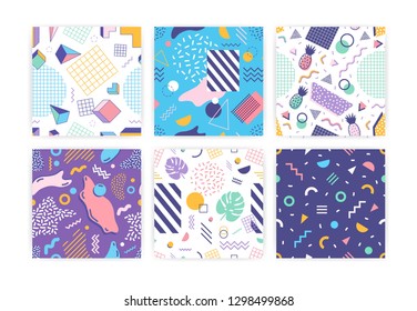 Collection of seamless patterns with geometric shapes, lines, grids, fruits and leaves in retro 1990s style. Set of colorful abstract endless backgrounds. Vector illustration.