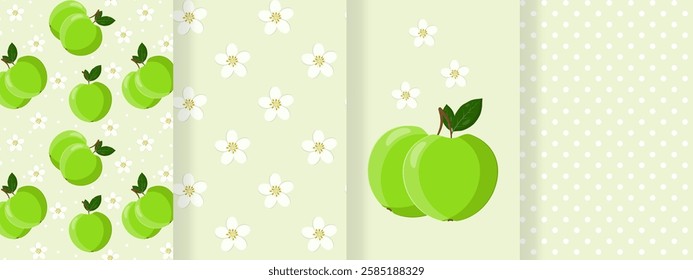 Collection of seamless patterns with green apples and flowers and companion patterns. For fabric, backgrounds, textiles, tablecloths, kitchen, wallpaper, packaging. Vector image.
