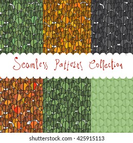 Collection of seamless patterns with green and autumn trees. Sketch style.Vector illustration.