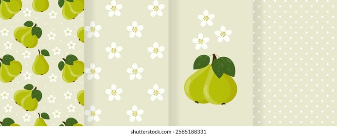 Collection of seamless patterns with green pears and flowers and companion patterns. For fabric, backgrounds, textiles, tablecloths, kitchen, wallpaper, packaging. Vector image.