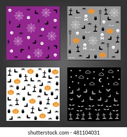 Collection of seamless patterns for Halloween design. Backgrounds in white, gray, black and purple colors. Traditional Halloween symbols.