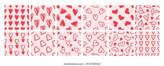 Collection of seamless patterns with hand-drawn red hearts on pink background in doodle style

