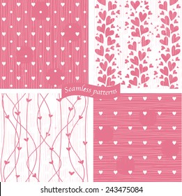 collection of seamless patterns with hearts on retro pink background 