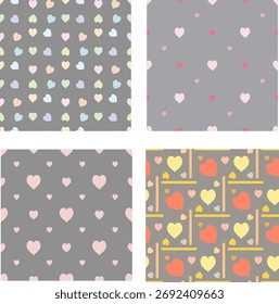 Colección con patrones sin fisuras con corazones sobre fondo gris. Imagen de Vector.