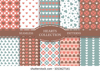 Collection of seamless patterns with hearts in retro colors. Vintage cute backgrounds.