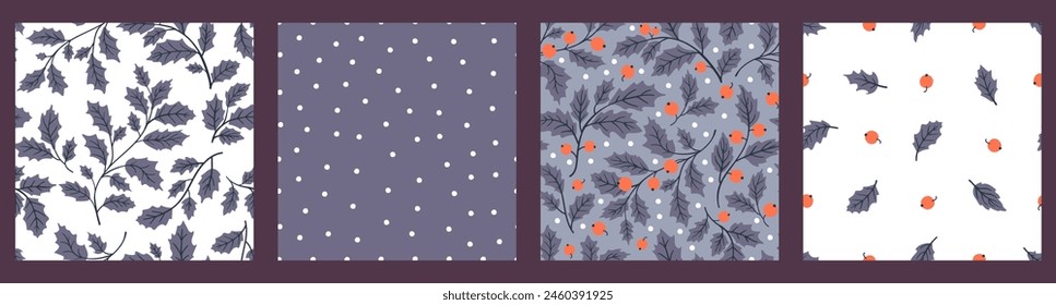 Collection of seamless patterns with holly leaves and berries and polka dot. Modern design for cover, fabric, wallpaper, wrapping paper