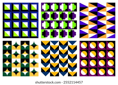 Collection of seamless patterns inspired by modern art and optical illusions, featuring bold geometric motifs. Ideal for wrapping paper, product design, or creative branding.