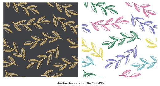Collection of seamless patterns with leaves and branches. Modern design for decoration, wrapping paper, print, fabric or textile. Vector illustration.