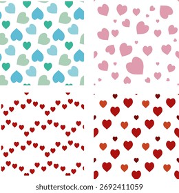 Colección con patrones sin costuras con preciosos corazones azules, rojos y rosados. Imagen de Vector.