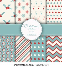 Collection of seamless patterns. Merry Christmas and Happy New Year! Set of seamless backgrounds with traditional symbols:  snowflakes, pine tree,holly berry and suitable abstract patterns. 