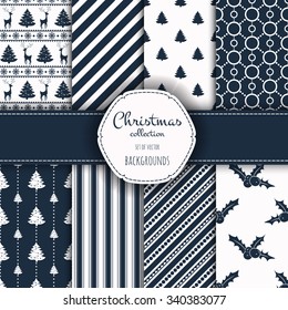 Collection of seamless patterns. Merry Christmas and Happy New Year! Set of seamless backgrounds with traditional symbols:  snowflakes, pine tree,holly berry and suitable abstract patterns. 