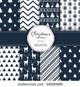 Collection of seamless patterns. Merry Christmas and Happy New Year! Set of seamless backgrounds with traditional symbols:  snowflakes, pine tree, deer and suitable abstract patterns. 