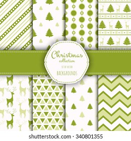 Collection of seamless patterns. Merry Christmas and Happy New Year! Set of seamless backgrounds with traditional symbols:  snowflakes, pine tree, deer and suitable abstract patterns. 