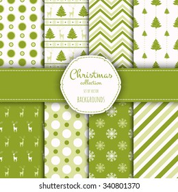 Collection of seamless patterns. Merry Christmas and Happy New Year! Set of seamless backgrounds with traditional symbols:  snowflakes, pine tree, deer and suitable abstract patterns. 