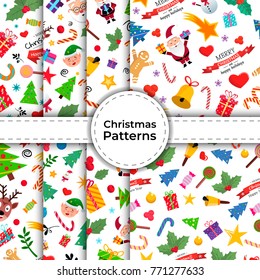 Collection of seamless patterns. Merry Christmas and Happy New Year 2018. Set of seamless backgrounds with traditional symbols. Vector illustration EPS 10