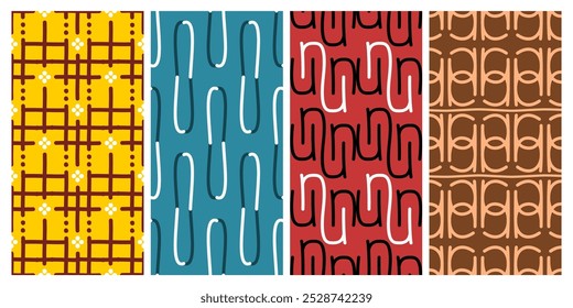 Una colección de patrones sin fisuras con una temática abstracta moderna y dinámica. Tiene un buen y alto valor artístico por lo que es adecuado para su aplicación en tela, papel o se muestra digitalmente