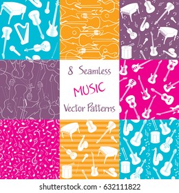 Collection of seamless patterns with musical instruments. Colorful repeating vector patterns for background.