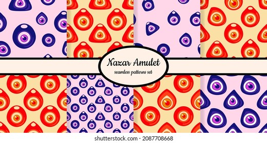 Colección de patrones sin fisuras con símbolos Nazar amulet diseñados para web, tela, papel y todas las impresiones 