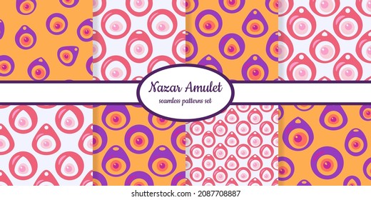 Collection of seamless patterns with Nazar amulet symbols designed for web, fabric, paper and all prints 